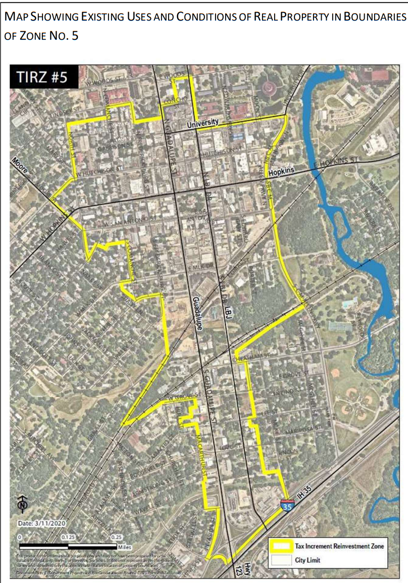 Boundary of the Downtown Tirz goes from Texas State, through downtown, to I-35