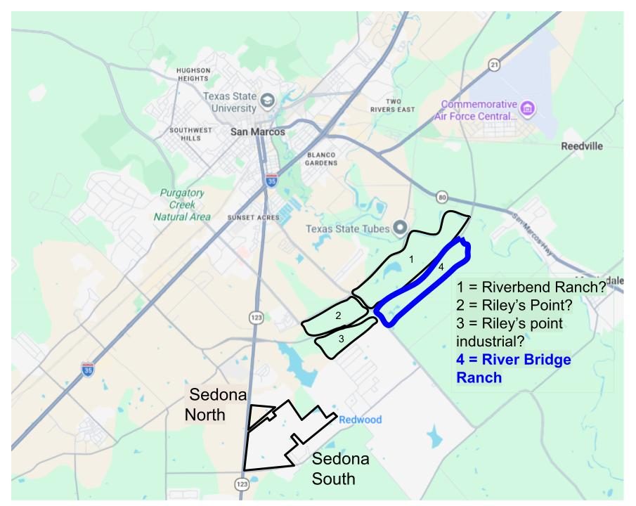 Map of Riverbend Ranch, Riley's Point, Riley's point industrial, River Bridge Ranch, Sedona south, and sedona north, with River Bridge Ranch highlighted. It is northwest of Redwood.