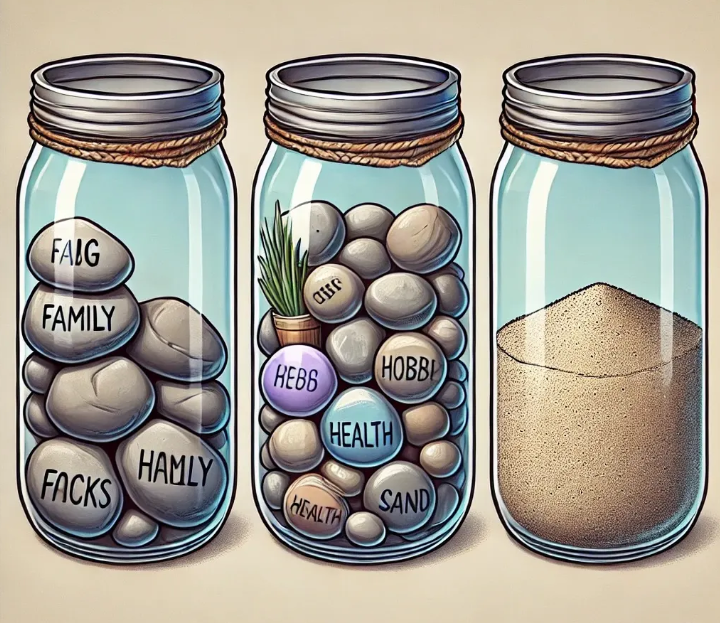Illustration of three jars. One has big rocks, one has middle rocks, one has sand.