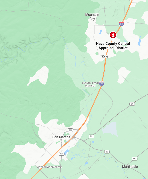 Location of the Hays County Central Appraisal District on I35 in Kyle