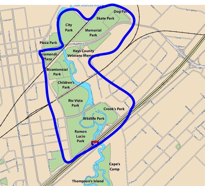 same map, but with a circle around the park that are west of I35 and excluding plaza park.