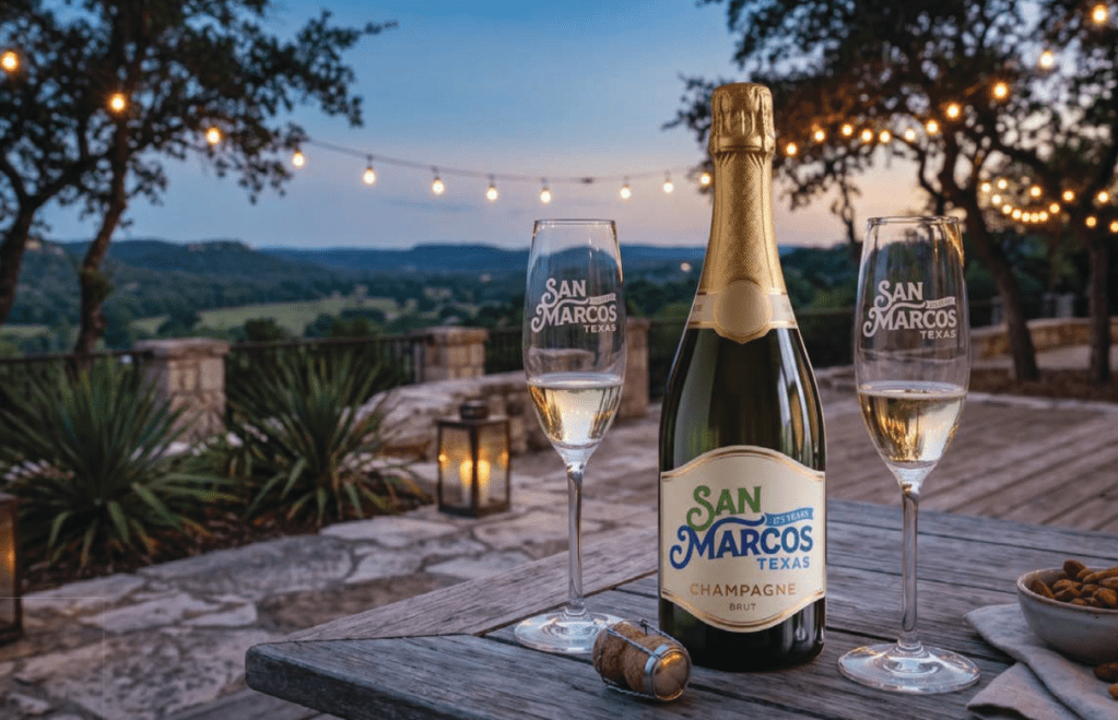 themed champagne flutes and bottle, out in the hill country somewhere