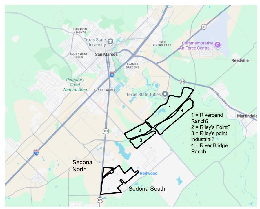 Map showing River Bridge Ranch and five other developments going in around Redwood.  Riley's point, River bend ranch, Sedona North, and Sedona South