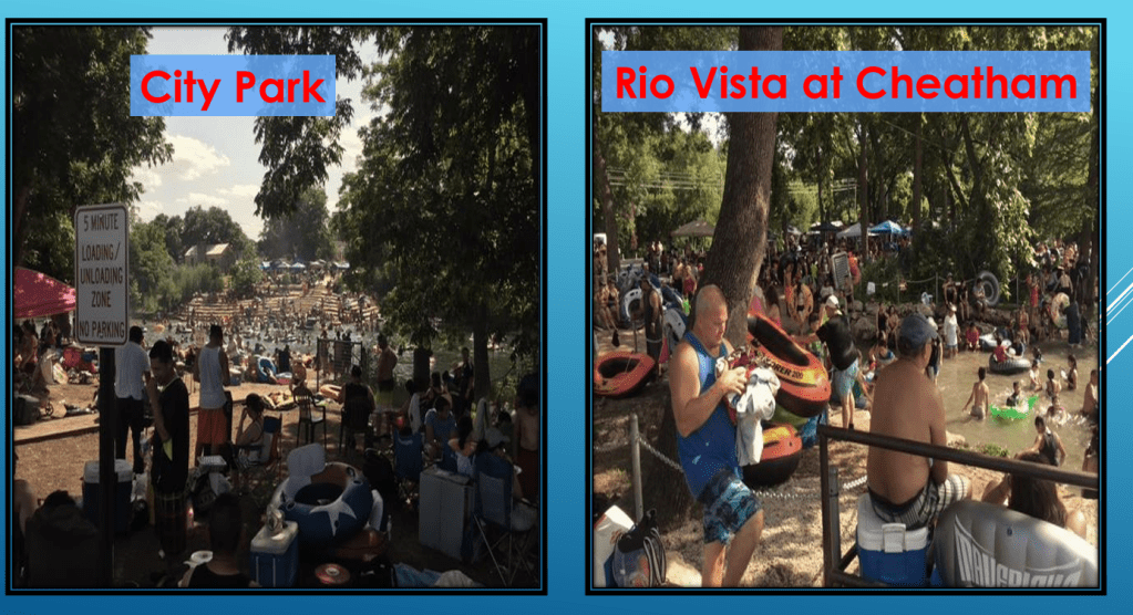 Two photos, one labeled City Park and one Rio Vista at Cheatham, both showing the parks are packed.