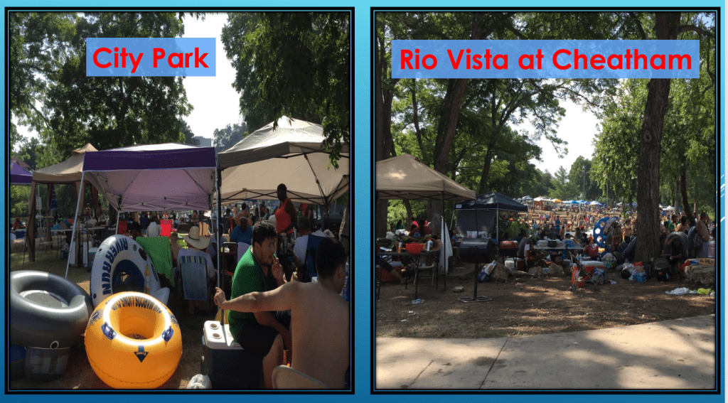 Two more photos of the same - City park and Rio Vista, lots of bodies packed together.